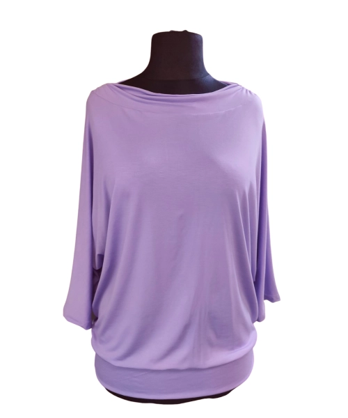 Liliowa bluzka z rękawem 3/4 kimono - lejący drapowany dekolt